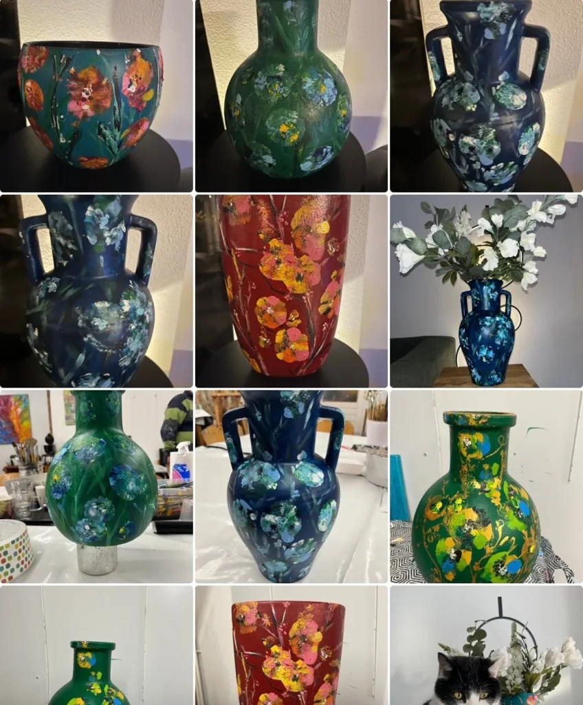 Zelf beschilderde vazen in blauw, groen en rood